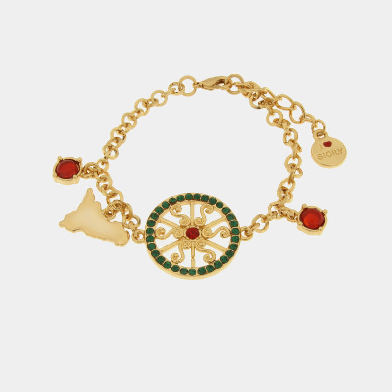 Bracciale in Metallo con ruota e Sicilia con cristalli verdi e rossi — collezione TAORMINA