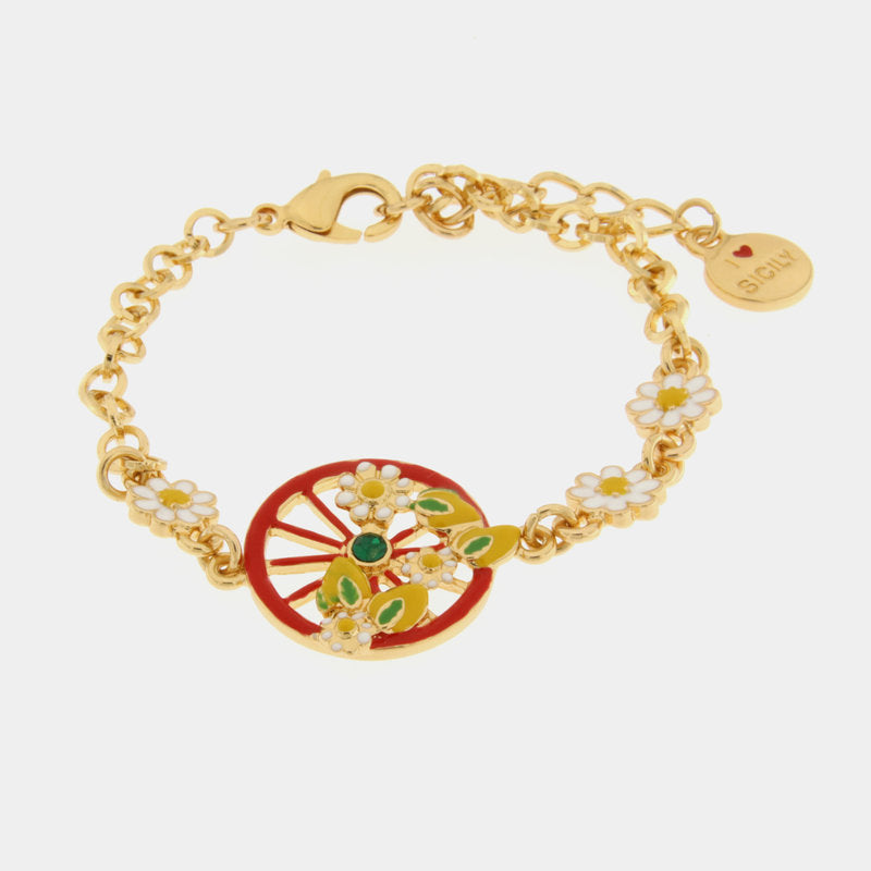 Bracciale in Metallo con ruota rossa impreziosita da limoni e fiori — collezione TAORMINA
