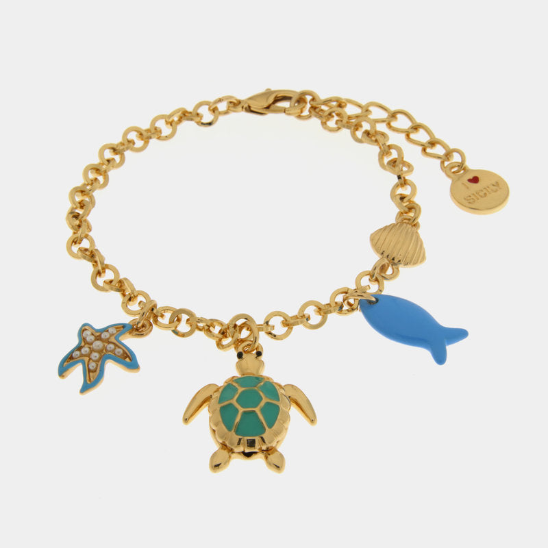 Bracciale in Metallo con tartaruga verde, pesce e stella marina — collezione TAORMINA