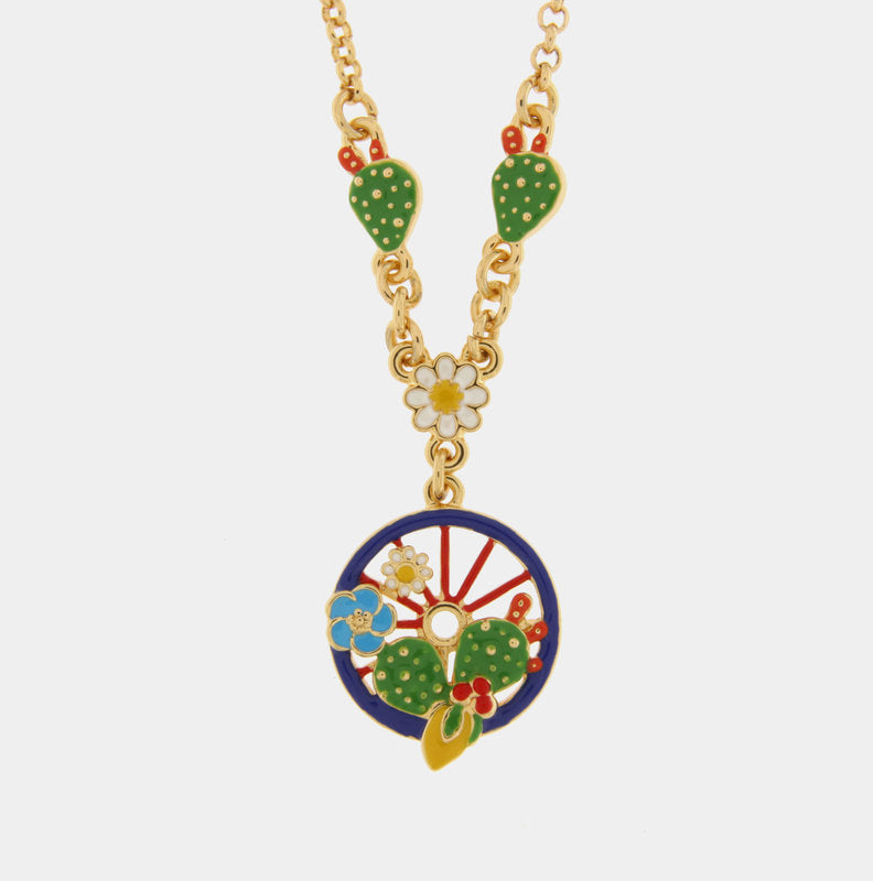 Collana in Metallo con ruota blu impreziosita da cactus, limoni e fiori — collezione TAORMINA