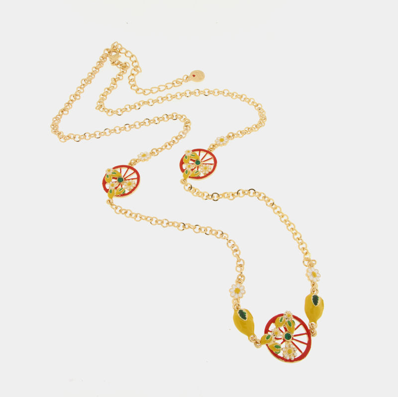 Collana in Metallo con ruota rossa impreziosita da limoni e fiori — collezione TAORMINA