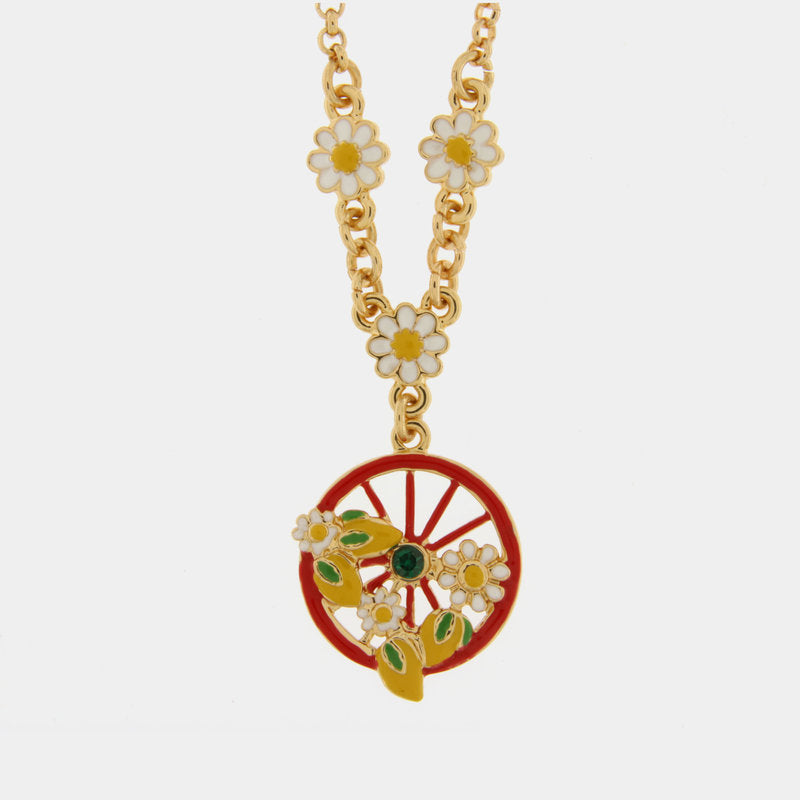 Collana in Metallo con ruota rossa impreziosita da limoni e fiori — collezione TAORMINA
