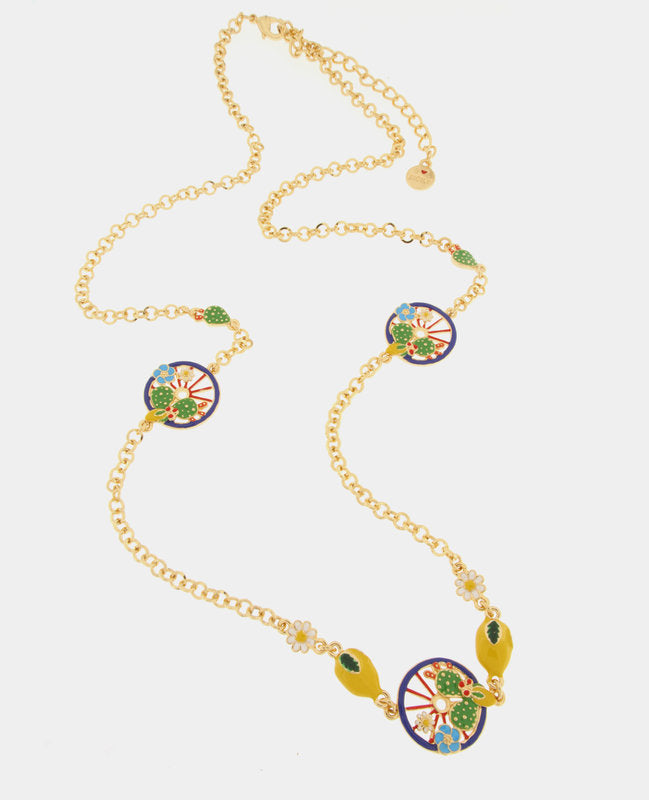 Collana in Metallo con ruote blu impreziosita da cactus, limoni e fiori — collezione TAORMINA