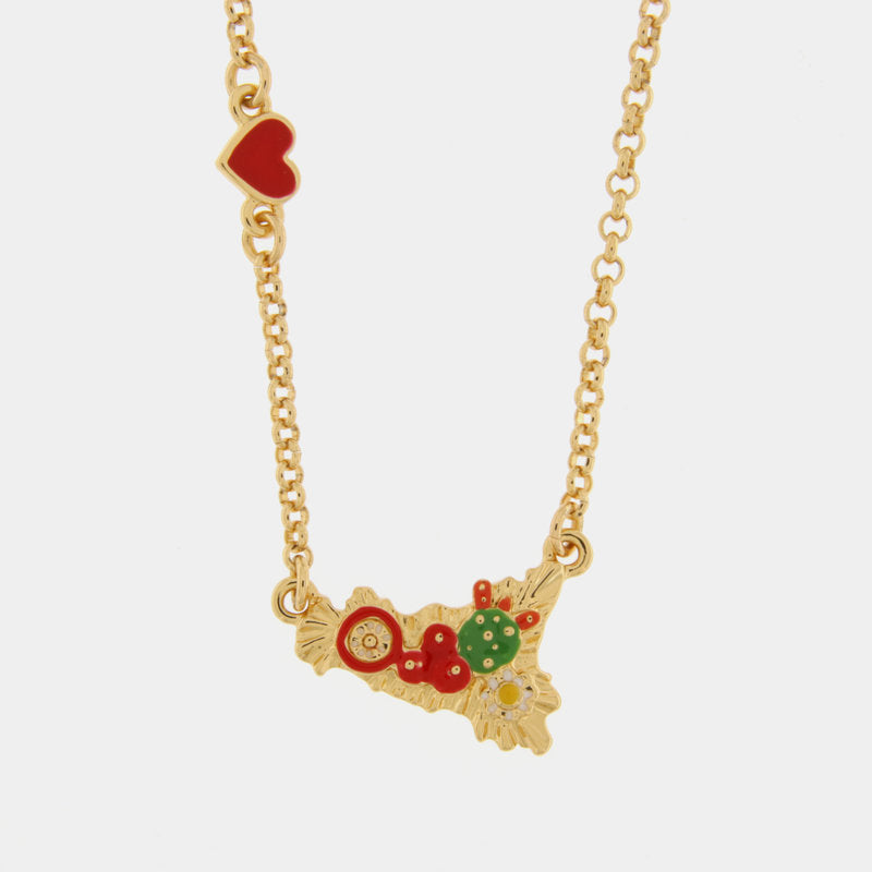 Collana in Metallo con sicilia impreziosita da cactus e cuore rosso — collezione TAORMINA