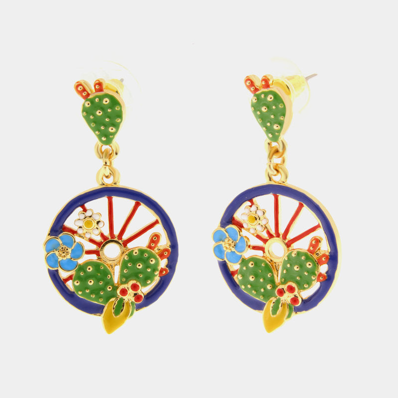 Orecchini in Metallo con ruota blu impreziosita da cactus, limoni e fiori — collezione TAORMINA