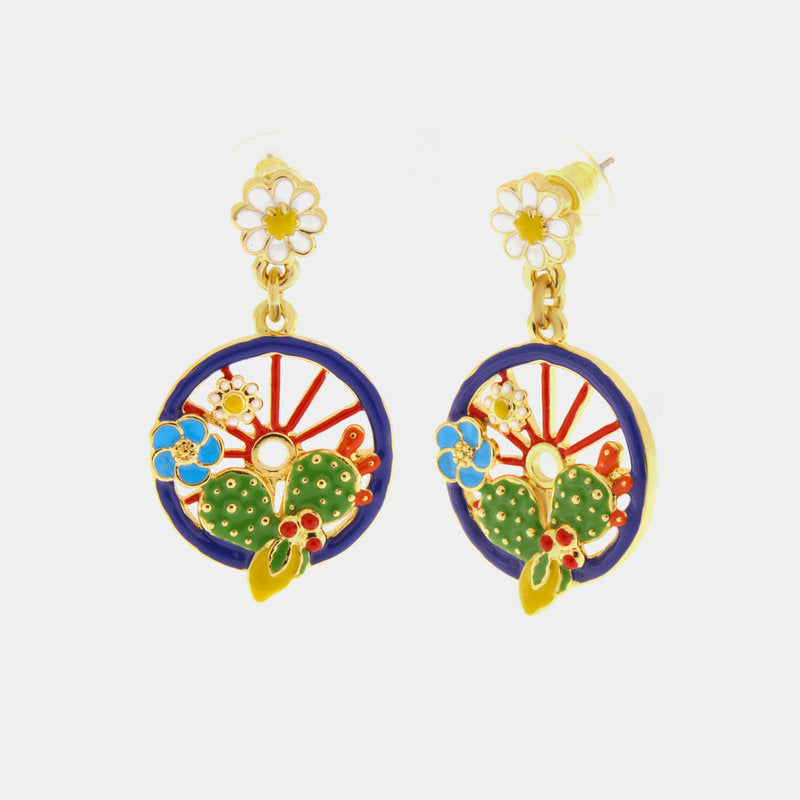 Orecchini in Metallo con ruota blu impreziosita da cactus, limoni e fiori — collezione TAORMINA