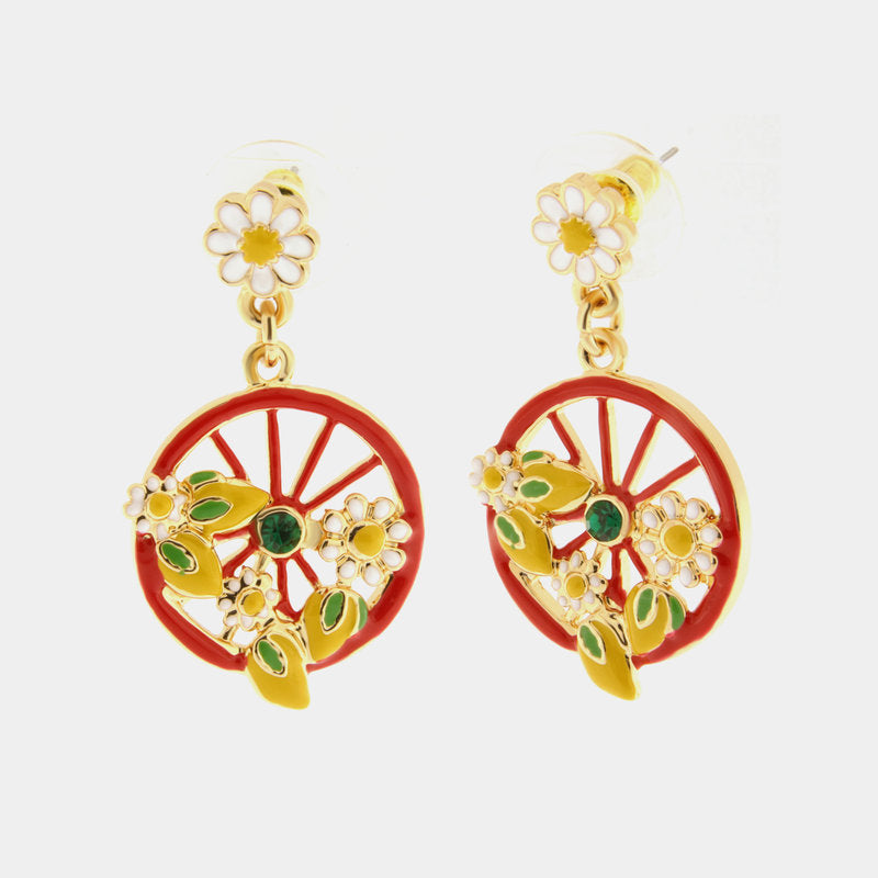 Orecchini in Metallo con ruota rossa impreziosita da limoni e fiori — collezione TAORMINA