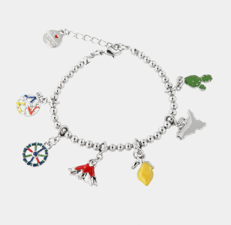 Bracciale in Metallo con charm siciliani, vulcano Etna, fico d'india e limone — collezione TRINACRIA