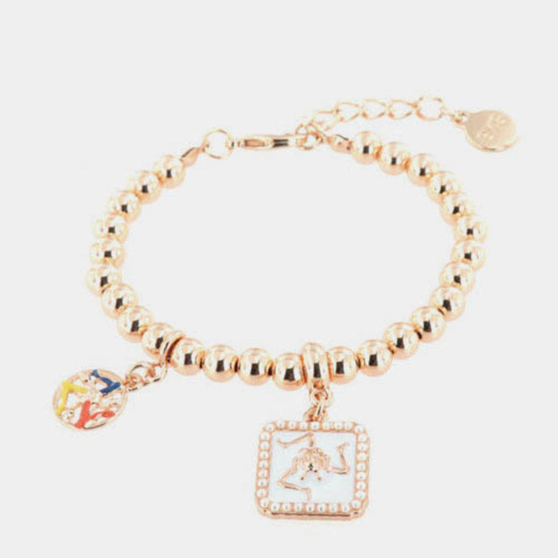 Bracciale in Metallo maglia a sfere con mattonella pendente impreziosita da trinacria siciliana e smalto bianco — collezione TRINACRIA