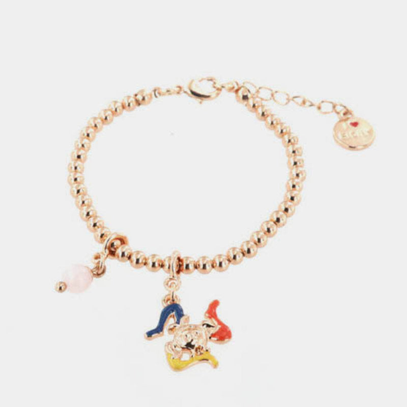 Bracciale in Metallo maglia a sfere piccole, con trinacria impreziosita da smalti e perlina rosa, pendenti — collezione TRINACRIA