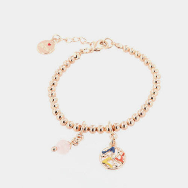 Bracciale in Metallo maglia a sfere piccole, con trinacria impreziosita da smalti e perlina rosa, pendenti — collezione TRINACRIA