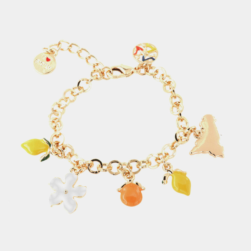 Bracciale in Metallo maglia rolò. Con agrumi di Sicilia e fiori pendenti, impreziositi da smalti colorati — collezione TRINACRIA