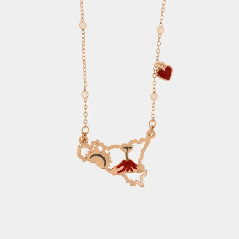 Collana in Metallo con ciondolo Sicilia, impreziosito da disegno vulcano Etna, in smalti colorati — collezione TRINACRIA