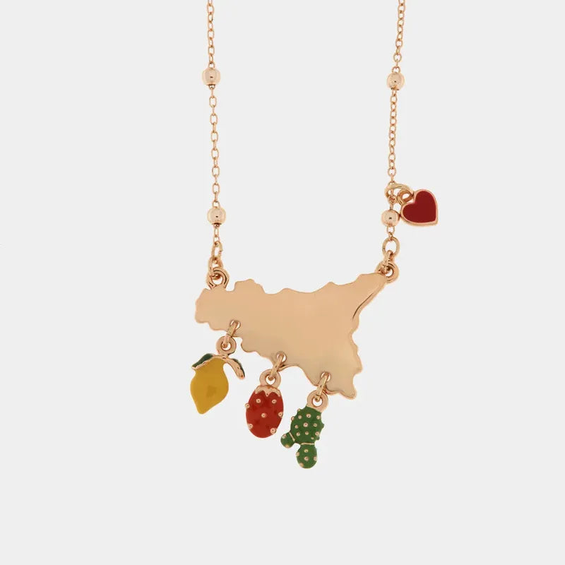 Collana in Metallo con ciondolo Sicilia, limone, fico d'india e cuore — collezione TRINACRIA