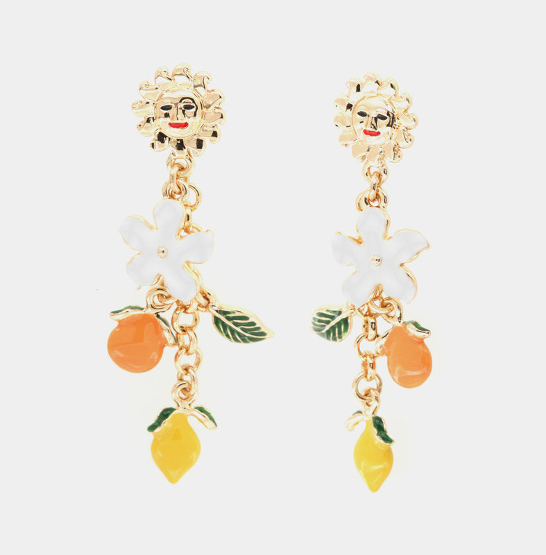 Orecchini in Metallo pendenti, con fiori ed agrumi di Sicilia impreziositi da smalti colorati — collezione TRINACRIA