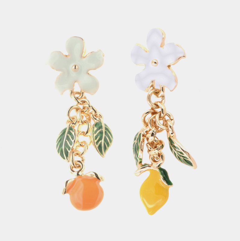 Orecchini in Metallo pendenti, con fiori ed agrumi di Sicilia impreziositi da smalti colorati — collezione TRINACRIA